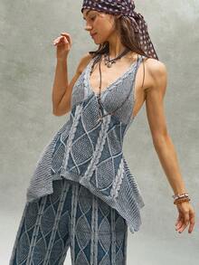 Bohemela Vintage Mixed Color Twist Rope Loose Knit Sweater - Blue and White - View 6
