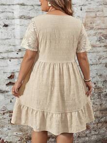SHEIN LUNE Plus Size Solid Color Round Neck Embroidered Casual Short Sleeve Dress, Summer - Apricot - View 2