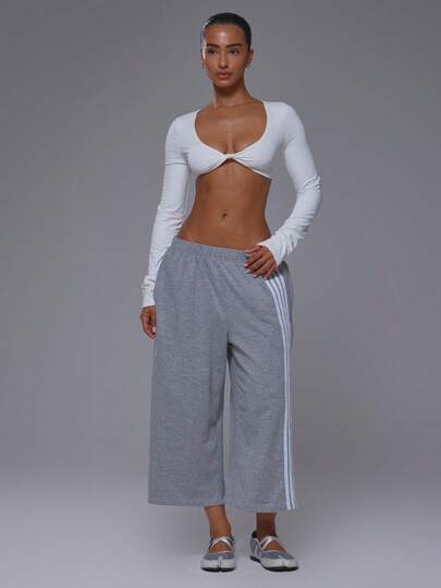 Musera Sport 4 Stripe Elasticated Waist Wide Leg Sweat Jogger Capri Pants Jorts Coord Bottoms Only   Sport Workout Gym Cute Pilates Fitness Daily