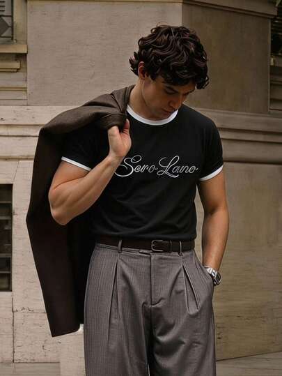 SERO LANO Men's Street Style Graphic T-Shirt, Minimalist English Letter Print Short Sleeve Top, Summer Casual Wear