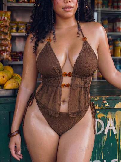 Swim Vcay Conjunto de traje de baño de mujer de unicolor con cuello de halter y cordón lateral, talla grande (accesorio aleatorio)