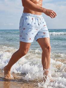 Manfinity Swimmode Baby Blue Men's Short Beach Shorts With Drawstring Graphic Print For Vacation Casual Wear, Holiday - Baby Blue - View 3