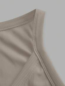 Slaydiva Khaki Summer Casual Vacation Women Ribbed V-Neck Racerback Gathered Tank Top,Solid Versatile Basic Boho Style Ribbed Knit Shirt For Party Going Out - Grey - View 4