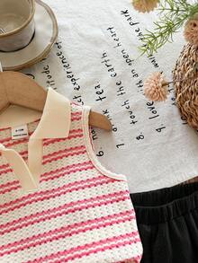 SHEIN LMoss Kids 女婴可爱夏季条纹 Polo 领背心和松紧腰荷叶边短裤套装 - 粉色 - 查看 4