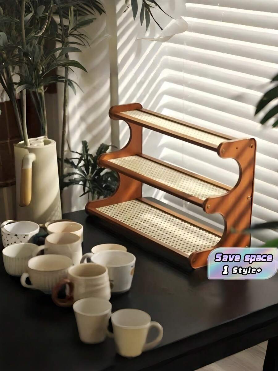 1PC Multilayer Solid Wood Foldable Storage Display Space Saving Portable Natural Desktop Shelf Rack Office Desk Home Cup Holder Organizer - Multicolor - View 1