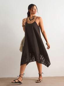 Freevana Plus Size Solid Color Spaghetti Strap Sleeveless Casual Loose Summer Dress - Coffee Brown - View 5