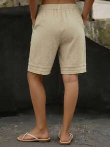 Balvessa Pantaloncini casual in cotone e lino con vita con coulisse, pantaloni comodi da spiaggia e per attività all'aperto - Cachi - Visualizzare 2