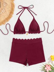 Swim Vcay Conjunto de traje de baño de estilo vacacional simple con diseño de cuello halter de tela de nailon de color negro sólido para mujer - Blanco - Ver 11