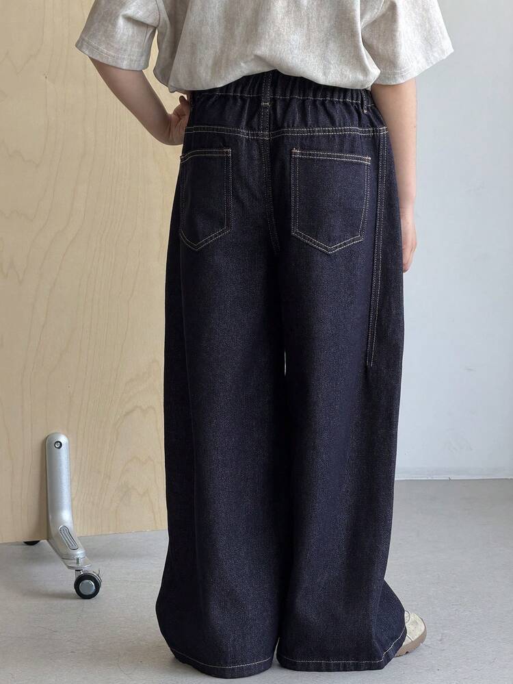 Tween Boy Slant Pocket Long Stylish Dark Denim Jeans