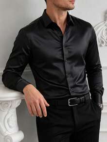 Core Aspect Men's Textured Design Casual Business Long Sleeve Shirt Silk Shirts Satin Men Shirt Luxury Shirts Black Dress Shirt For Old Money,Daily Leisure, Weekend Trips, Outdoor Activities, Travel Expeditions, Relaxed Work Environments Or Semi-Formal Occasions,Boyfriend/Husband Gift, Anniversary Gift Christmas - Black - View 4