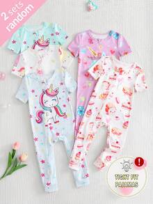 2-Piece Baby Girls Snug Fit Pajamas Featuring Cute Light Blue White And Purple Unicorn Cartoon Graphic Print, Soft Knit Short Sleeve Round Neck Jumpsuit Romper Provides A Gentle Smooth Skin-Friendly Feel For Daily Casual All-Season Homewear, 2 Random Sets Out Of 5 Sets For A Cozy Style - Multicolor - View 1