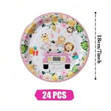 Platos, servilletas y vasos desechables con borde rosa y animales de la jungla, set de suministros para fiestas, sirve a 24 personas, vajilla de papel desechable para fiestas, adecuado para cumpleaños, bodas, fiestas temáticas, picnics familiares. - Ver 9