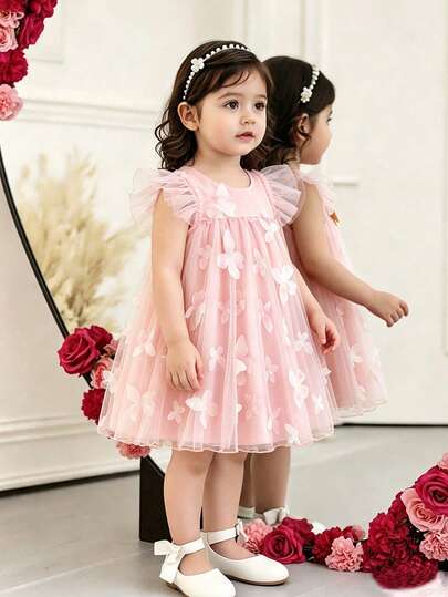 Glamorique Kids Đầm hình bướm cho bé gái, đầm hồng dễ thương, quần áo ngoài trời cho bé gái, đầm công chúa mùa hè.