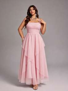 Viva Relle Vestido de fiesta elegante con tirantes de malla para tallas grandes - Rosa - Ver 5