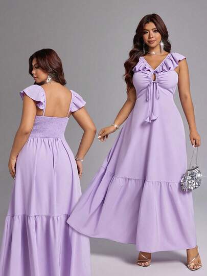 Viva Relle Plus Size Women's Fashion Pleated Tie-Up Ruffle Hem Dress