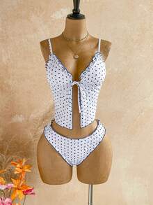 Soleia Bộ bikini tankini buộc dây phía trước, họa tiết chấm bi, dành cho nữ. - Đen và trắng - Xem 4