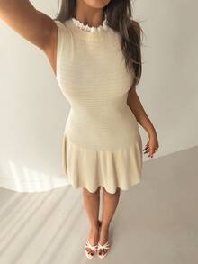 Aloruh Women's Elegant Casual Sexy Pastal Autumn Knit Vest Dress, Embroidered Ruffle Trim Neckline Sweet A-Line Mini Dress, Everyday Minimalist Fashion Golf - Apricot - View 6