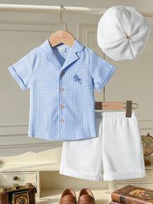 Souflis Souflis 男童三件套服装，包括短袖Polo衫、常规短裤和帽子，适合生日、婚礼、毕业典礼、正式或休闲场合，春、夏、秋季男士着装。 - 彩色 - 查看 4