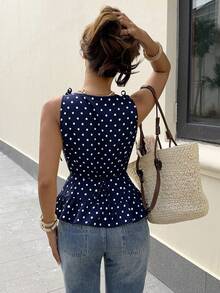Elyressa Elegant Tropical And Stylish Summer Vest For Women With Woven Prints Beach Vacation Navy Blue Polka Dot - Royal Blue - View 2