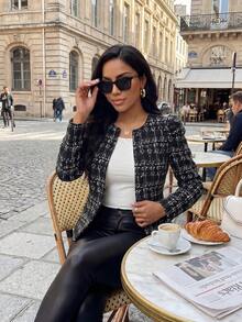 SHEIN Lady 女款優雅格紋印花前開襟大衣，適合婚禮賓客、教師，秋冬冬季辦公室穿搭套裝，度假適用 - 黑與白 - 查看 6