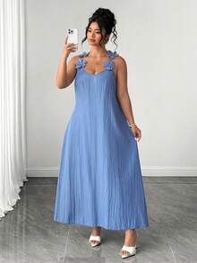 Elenzga Plus Size Women's Elegant Floral Textured Spaghetti Strap Maxi Dress,Blue Summer Tropical Tea Party Holiday, & Flattering Casual Party Gown - Dusty Blue - View 6