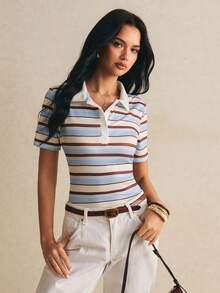 Poéselle 女款拼色條紋印花 Polo 領短袖 T-shirt，夏季 - 彩色 - 查看 6