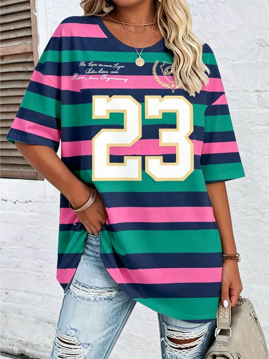 SHEIN LUNE Áo thun nữ cỡ lớn, kiểu dáng thường ngày, in họa tiết sọc nổi với chữ "23", thể hiện phong cách tối giản kiểu Mỹ. - Nhiều màu - Xem 1