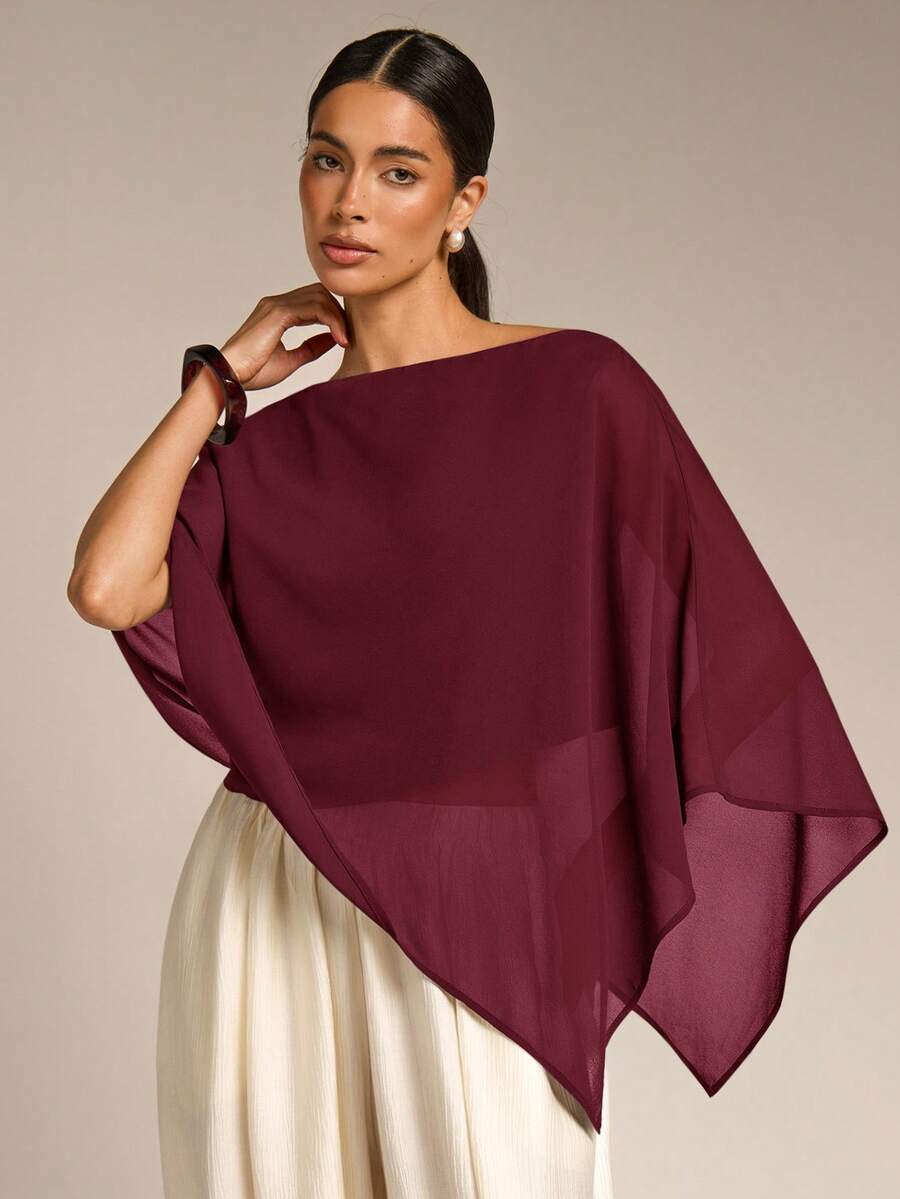 COSMINA Solid Color Casual Versatile Daily Shirt, Asymmetrical Hem Summer Sun Protection, Shawl Collar 's Women's Matching, - Burgundy - View 1