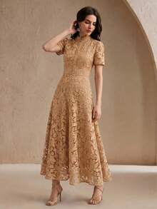 Anewsta Elegant & Fashionable Embroidered Fabric Design Dress For Women, Summer - Khaki - View 3