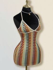 SHEIN PETITE CURVE 大码女式彩色提花针织撞色罗纹饰边露背深V领迷你沙滩裙，波西米亚风格 - 彩色 - 查看 9