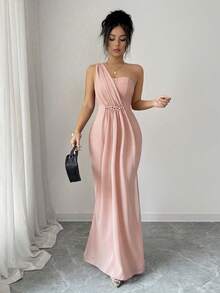 SHEIN Elenzya Đầm nữ thanh lịch, lãng mạn, tinh tế với cổ áo bất đối xứng, thắt eo, đuôi cá, đính ngọc trai, thích hợp cho các bữa tiệc và họp mặt. - Màu Hồng  San hô - Xem 3