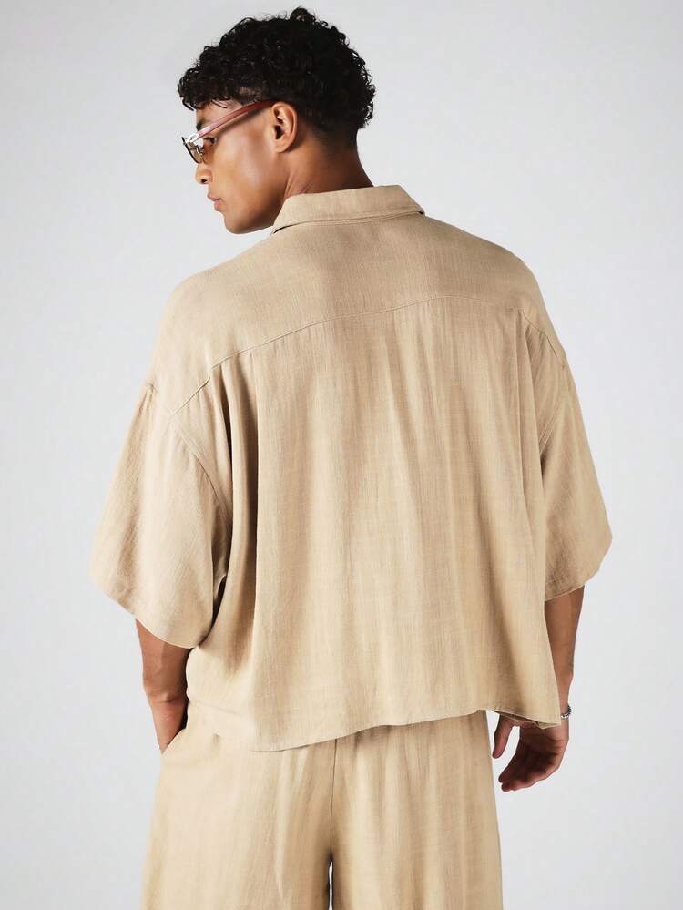 Oversized Cropped Button-Down Short Sleeve Shirt With Dual Chest Pockets Textured Woven Summer Holiday