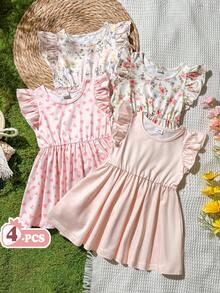 Vintaside Kids 4件/套女嬰夏季洋裝，多色可選，甜美清新風格，花卉愛心波點印花，荷葉袖收腰A字裙，適合日常出遊、休閒旅行、家庭聚會、拍照和派對 - 彩色 - 查看 4