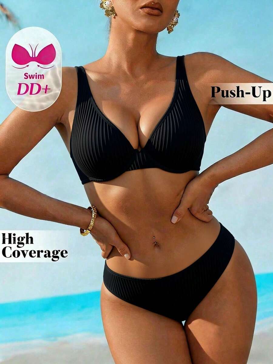 Swim DD+ 2026款女士DD+码极简条纹比基尼套装,金属装饰,带衬垫罩杯,适合夏季海滩度假 - 黑色 - 查看 1