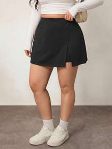 Enliva Falda corta casual de línea A de unicolor negro para mujer de talla grande, amigable con las curvas del Body redondeado, apta para el invierno, compatible con la forma del Body redondeado tipo manzana - Negro - Ver 3