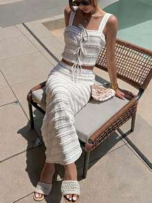 Livesso Conjunto de 2 piezas para mujer con top sin mangas tipo camisola y falda larga texturizada, blanco, estilo boho, para verano, playa tropical, vacaciones y lounge - Blanco - Ver 5