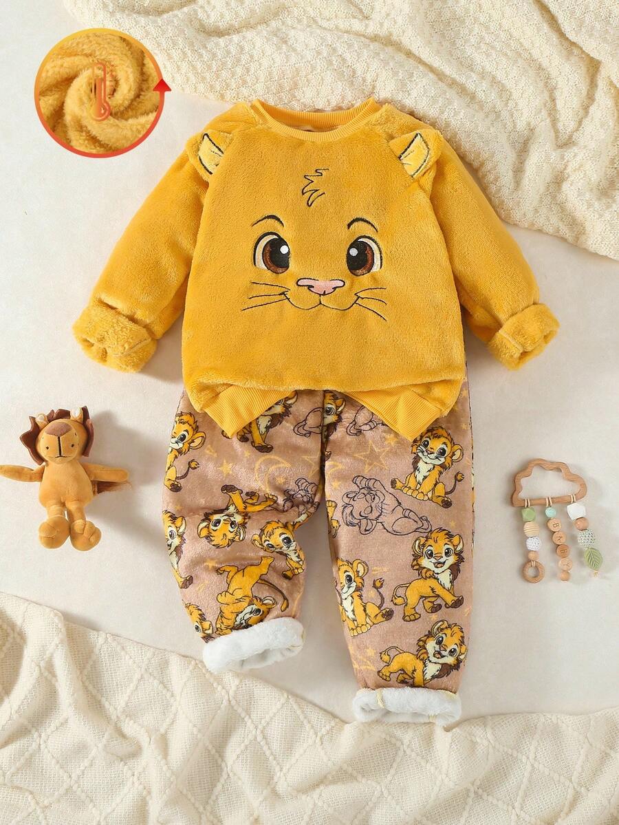 Genkimix Kids 2pcs Young Boy Cartoon Graphic Plush Crew Neck Long Sleeve Top And Pants Pajama Set Kids Sleep Wear - Multicolor - View 1