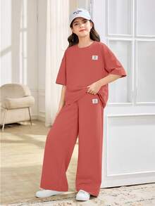 SHEIN 少女宽松休闲舒适圆领短袖T恤和裤子两件套 - 粉色 - 查看 5
