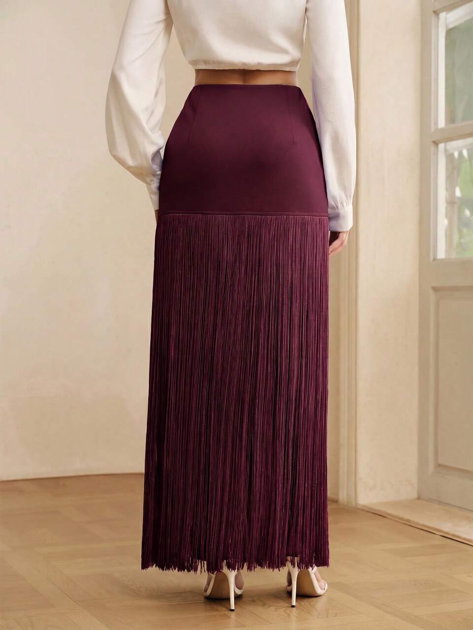 Anewsta Summer New Elegant Solid Color Splicing Dynamic Flowing Tassel Skirt, Summer