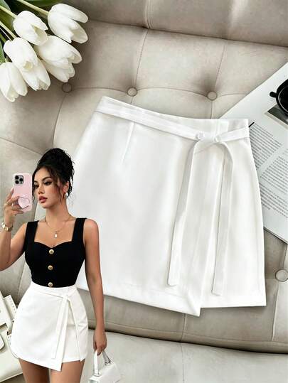 SHEIN Franclia Váy quần nữ thời trang, thoải mái, đa năng, chất liệu mềm mại, có họa tiết, cạp cao, thích hợp cho mùa hè và bốn mùa. Váy quần dáng chữ A, cạp cao, ôm sát, xẻ tà, đa năng và phong cách, phù hợp mặc hàng ngày, trang phục công sở cho giáo viên thành thị.