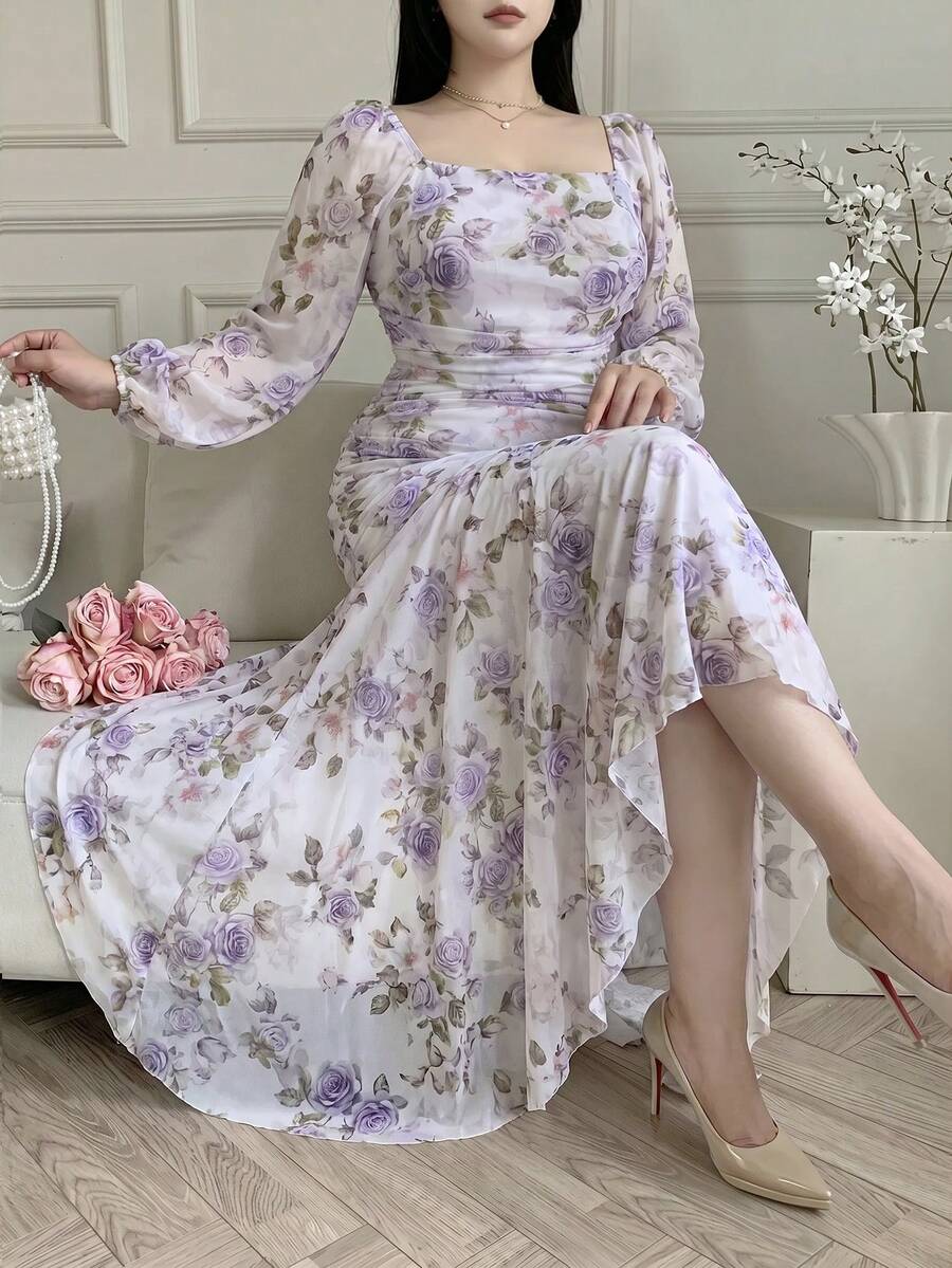 Feyla Große Größen Kleid mit Blume Muster, quadratischem Ausschnitt, Rüschen und eleganten Langärmeln - Violett - Übersicht 1