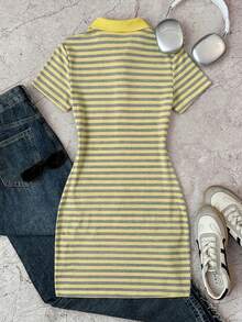 SHEIN Vestido casual de verano para adolescentes, de ajuste ceñido, con rayas amarillas y grises, cuello amarillo, estilo preppy - Amarillo - Ver 3
