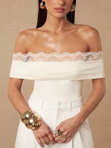 Silquee Women's Off-White Slim-Fit Fashion Top With Lace Neckline, An Elegant Top Suitable For Summer Parties, Dinners, The Office, And Holidays In 2026. Women - Apricot - View 4