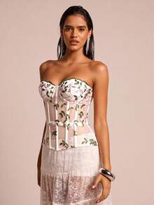SHEIN Glamour Women's Botanical Embroidered Mesh Bustier Top - White - View 7