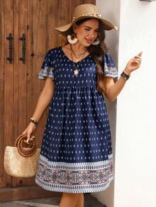 EMERY ROSE Vestido boho de manga corta con estampado floral azul marino para mujer de talla grande, vestido fluido, atuendos, vacaciones de verano casuales - Multicolor - Ver 6