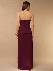 Silquee Women's Solid Color Bandeau Top And Mini Skirt Elegant 2 Pieces Set - Maroon - View 2