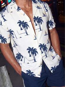 Manfinity KASUA Men's Simple And Fashionable Beach Outfit - Short Sleeve Shirt And Shorts, Suitable For Summer Man Swim Trunks, Hawaiian, Men 2 Piece Set Vacation, Men Beach Outfit Set, Men Resort Wear, Men S Palm Tree Shirt, Men Tropical Print Shirt - Blue and White - View 3