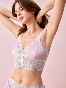 Bonmuse 2 Pieces Women's Pink,Deep V-Neck,Bow Decoration,Lace Splice,Backless,Sleepwear,Sleep Pajama Sets,Loungewear Set Babydoll Set - Pink - View 4