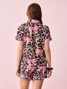 Bonmuse Marira 2pcs Leopard Bowknot Print Women Pajama Set, Collar Shirt Short Sleeve Comfortable Top And Elastic Waist Shorts Casual Wear - Pink - View 2