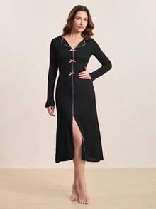 Hourtrue Women's Spring/Autumn Long Sleeve Dress, Sweet Bow Decor, Solid Color, Ribbed, Sexy Fitted V-Neck Flare Sleeve Maxi Dress, Comfortable For Indoor & Outdoor Wear - Black - View 3